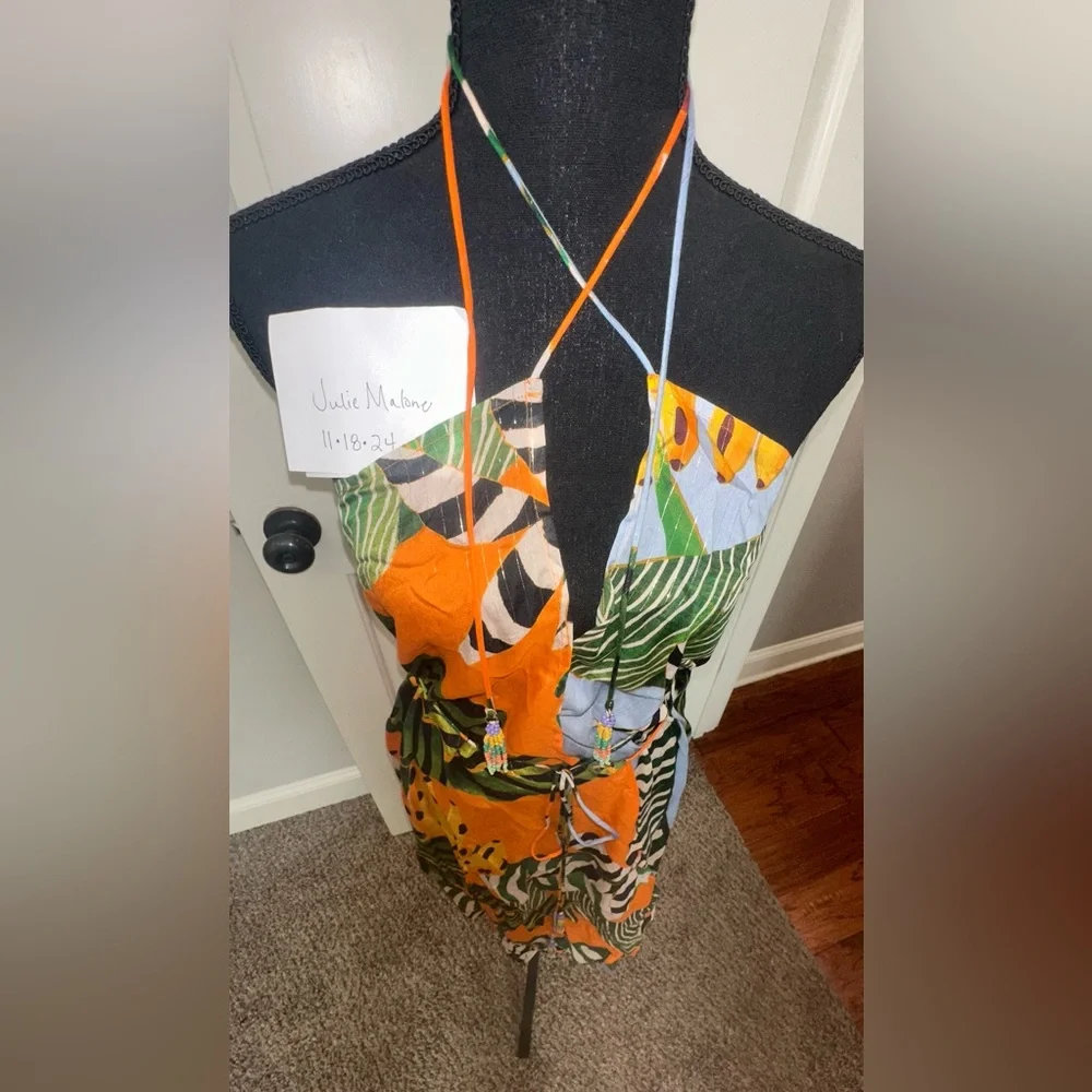 FARM Rio Orange Green Blue Tropical Leaf Halter Swim Coverup